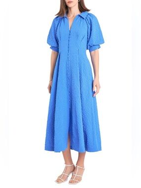 English Factory Bright Blue Textured Midi Dress with Button Front